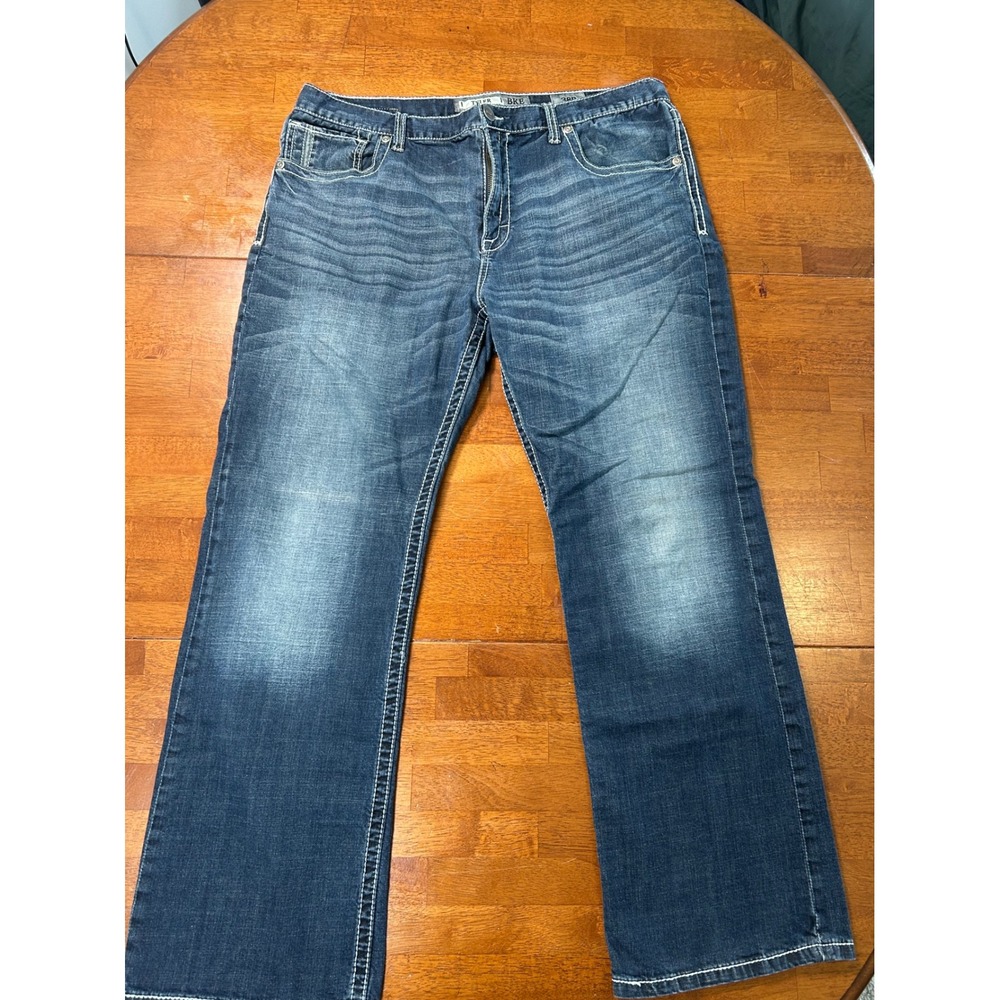 BKE Tyler Jeans Mens 38R Blue Denim Relaxed Straight Thick Stitch
